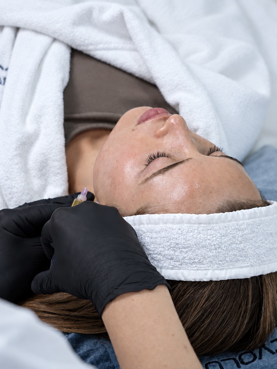 Clinician positioning a syringe beside a patient’s neck