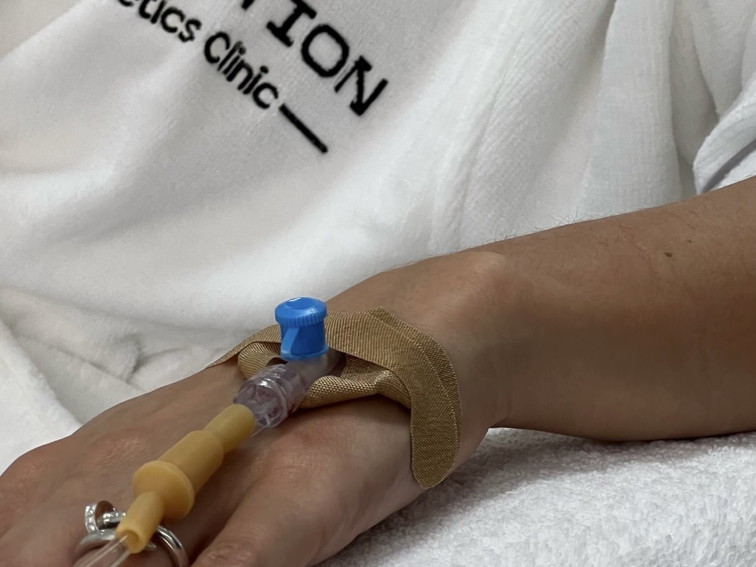 IV cannula and tubing on a patient’s hand