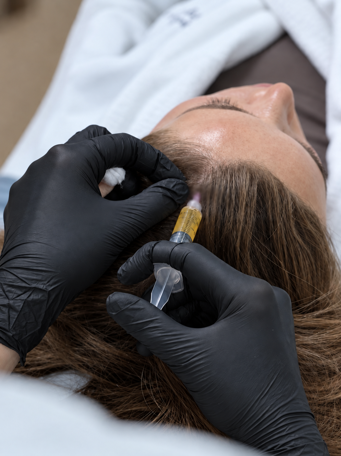 Calm patient face plus the visible PRP syringe at the scalp reads as gentle aftercare, not a scary procedure