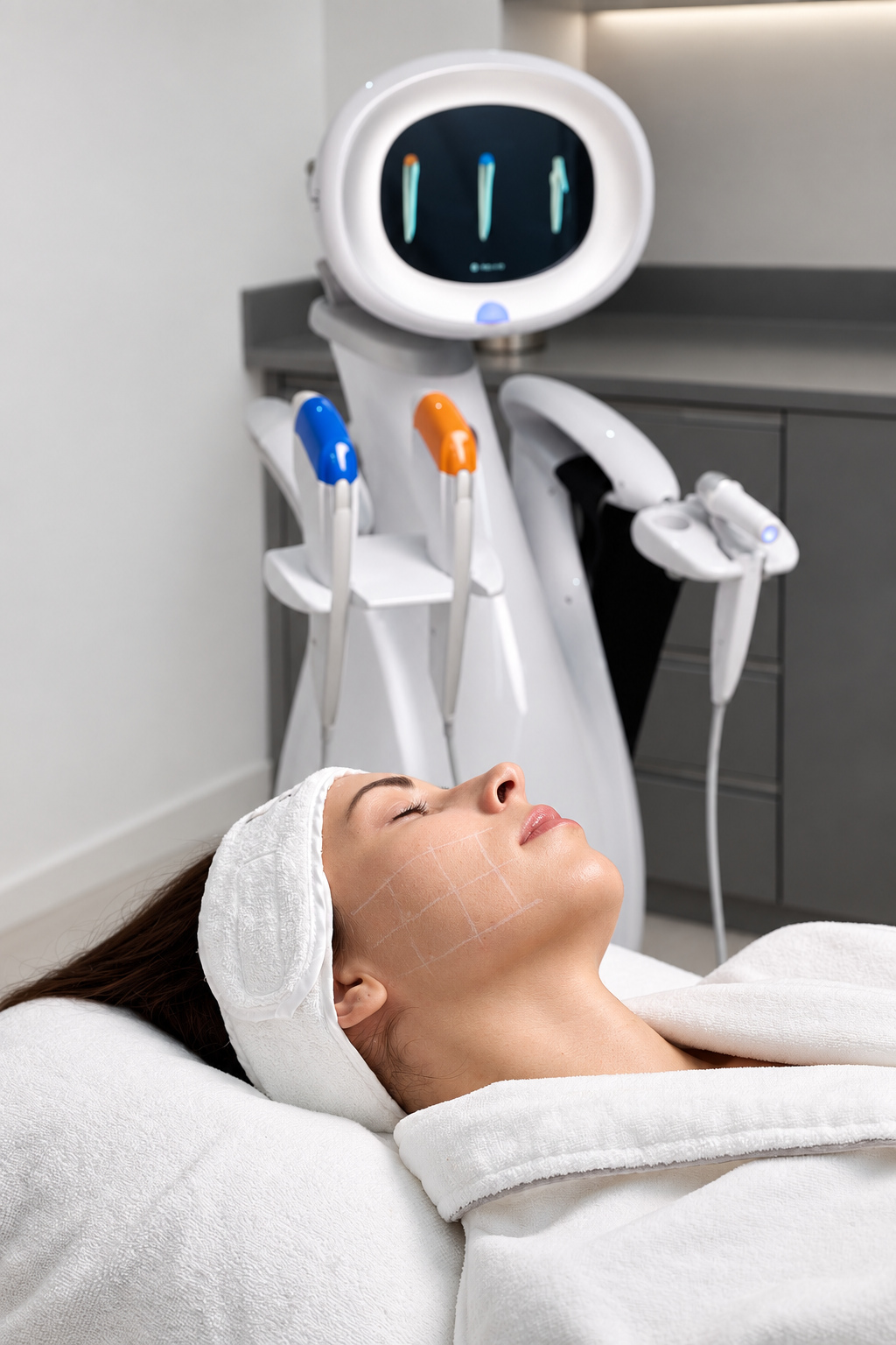 Patient reclining beside an Ultraformer MPT device with blue and orange handpieces