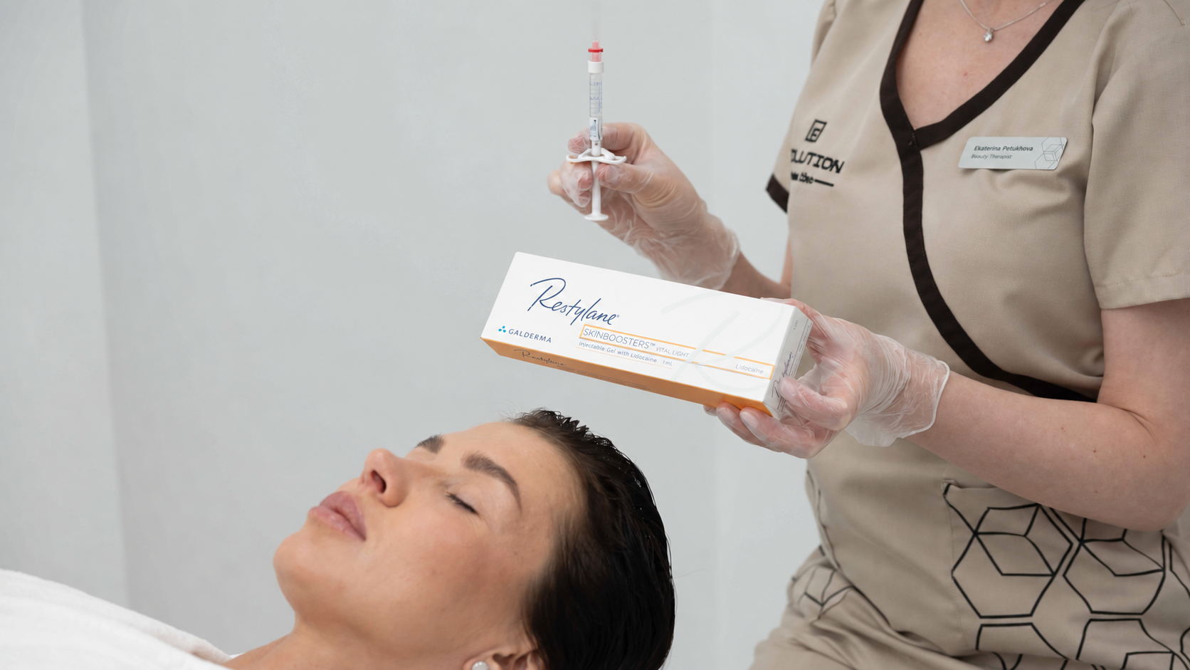Verified Restylane Skinboosters product with patient in the same frame