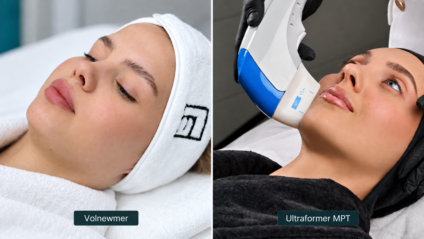 Patient photographs labelled Volnewmer and Ultraformer MPT along the bottom: a relaxed patient on the left and Ultraformer MPT facial treatment on the right.