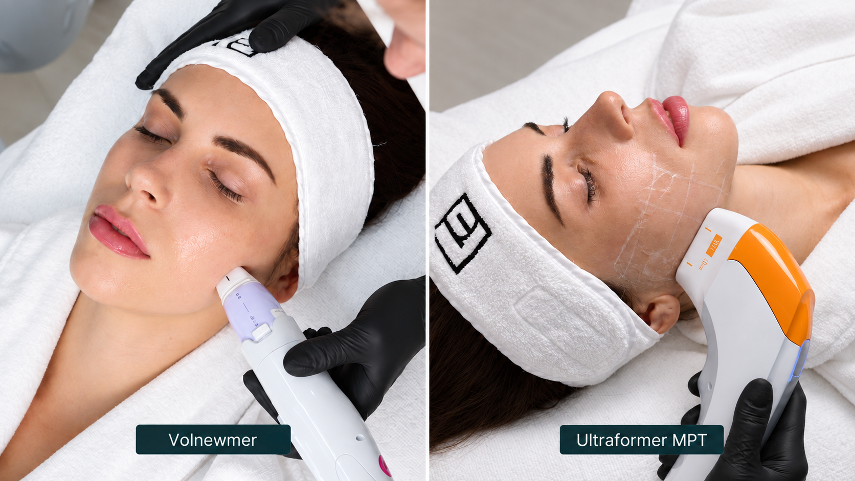 Side-by-side Luxury photographs of Volnewmer facial treatment on the left and Ultraformer MPT jawline treatment on the right, with bottom labels.