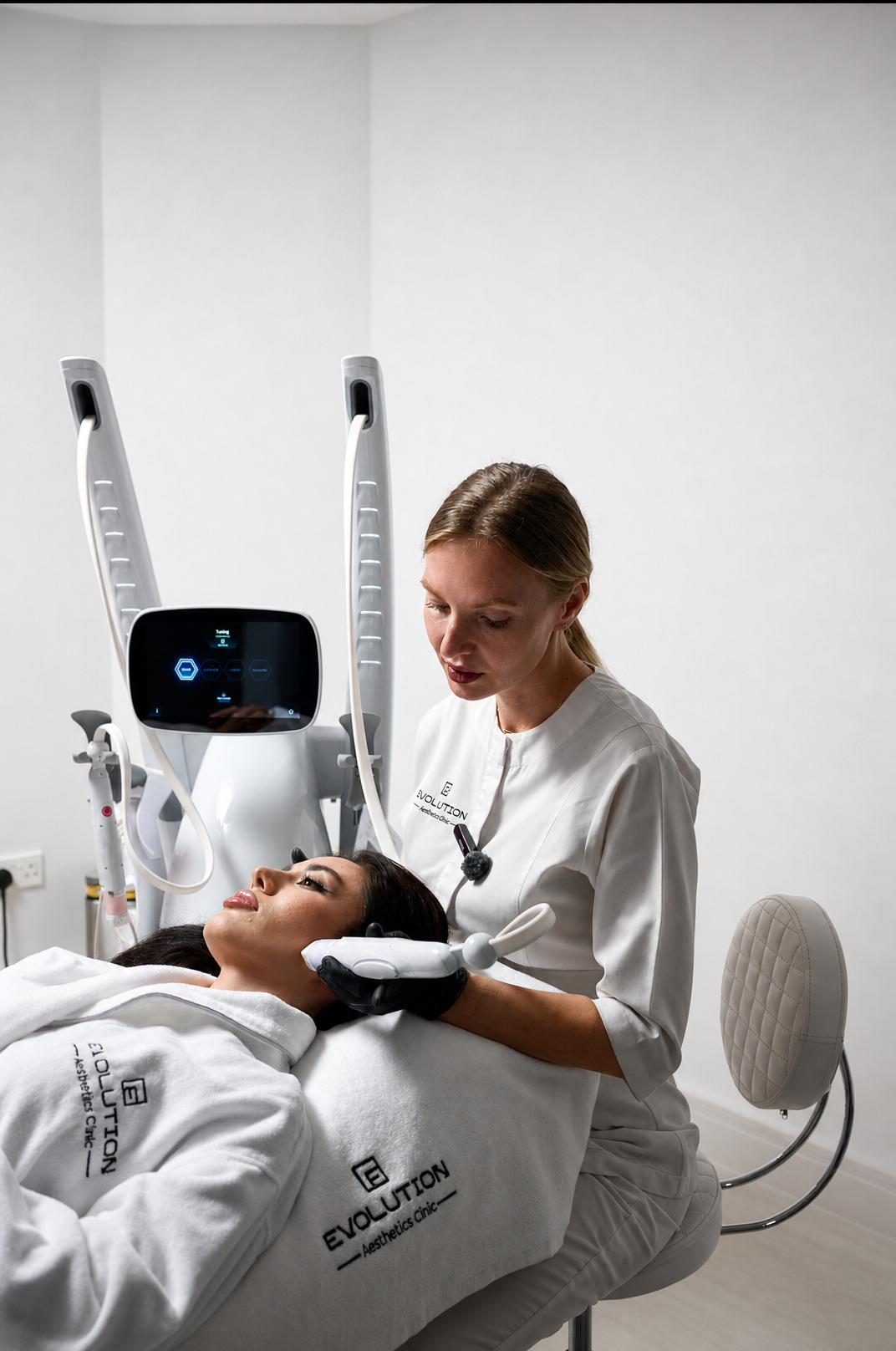 Practitioner applying a facial treatment handpiece to a patient at Evolution Aesthetics Clinic