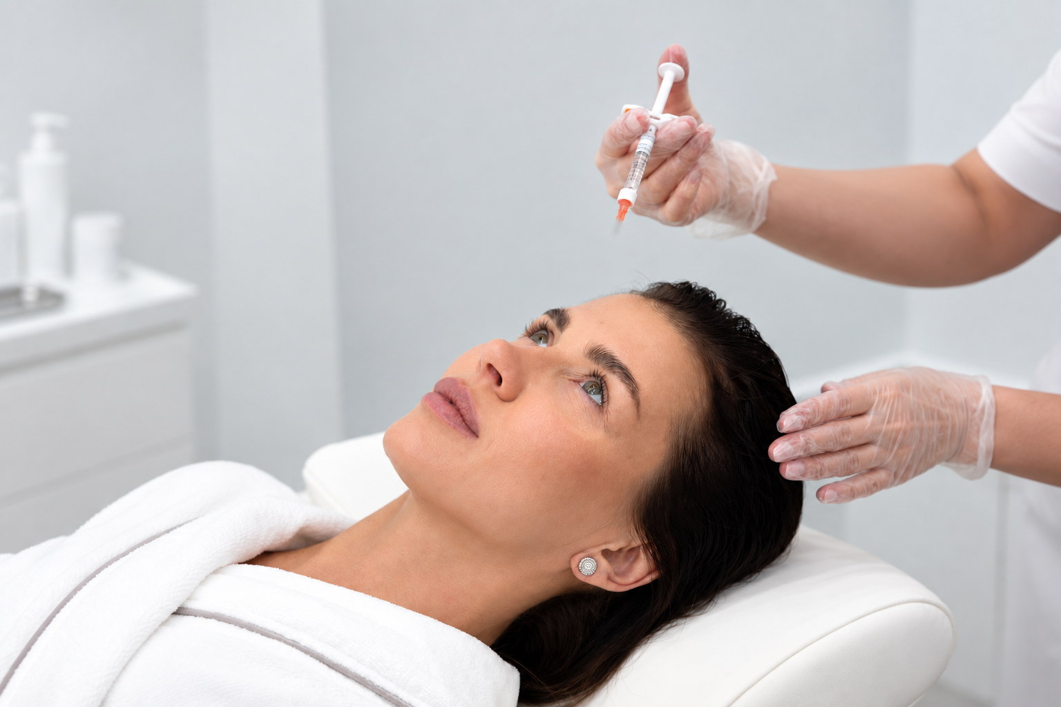 Patient reclining while a practitioner holds a syringe with the needle blurred