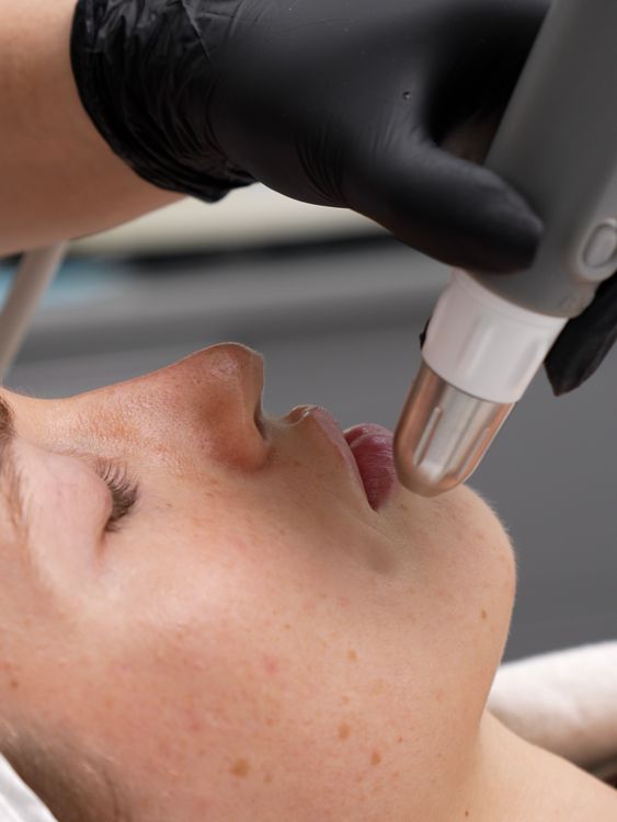 Dermadrop applicator held above a patient’s face during a facial