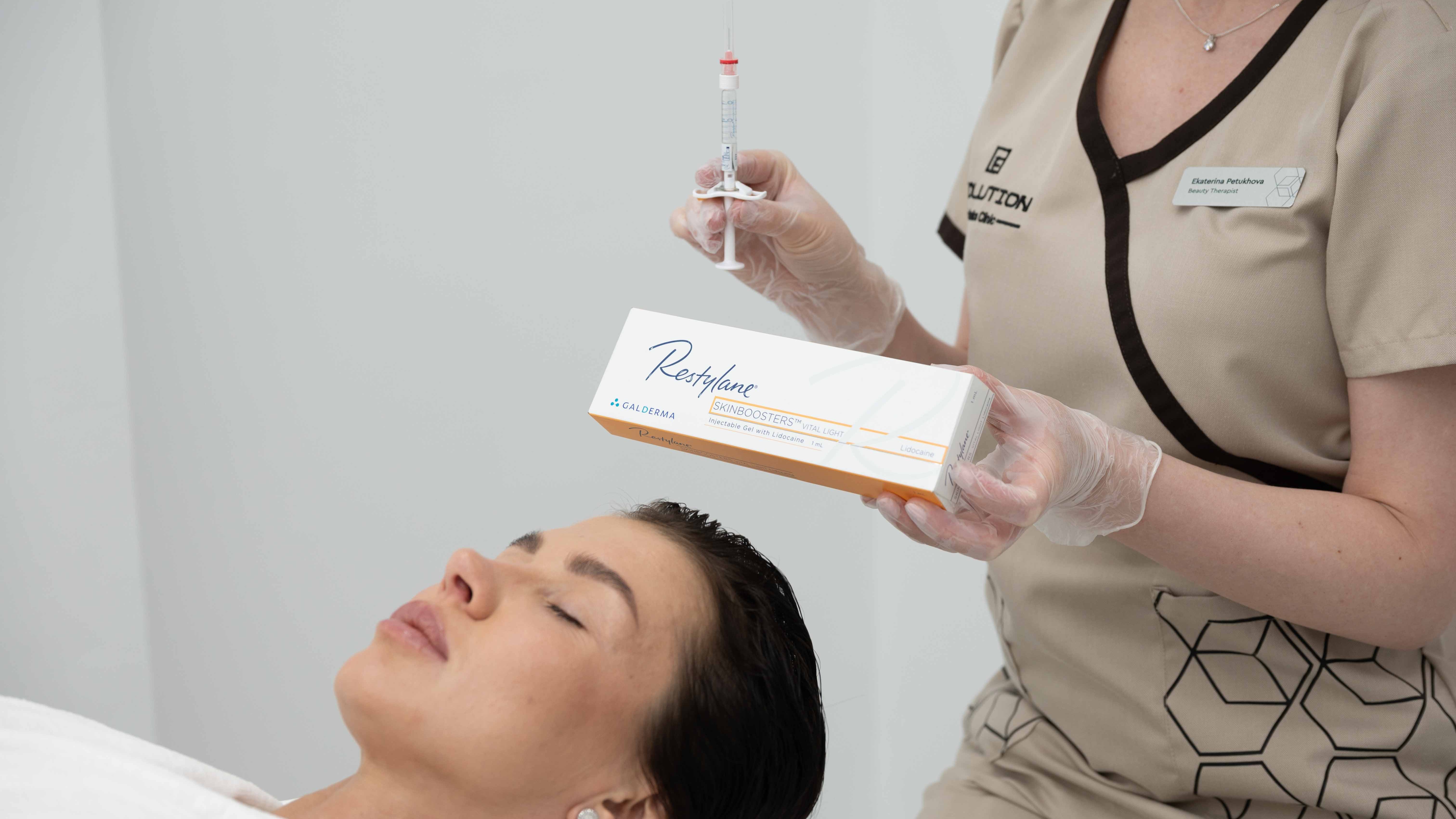 Verified Restylane Skinboosters product with patient in the same frame
