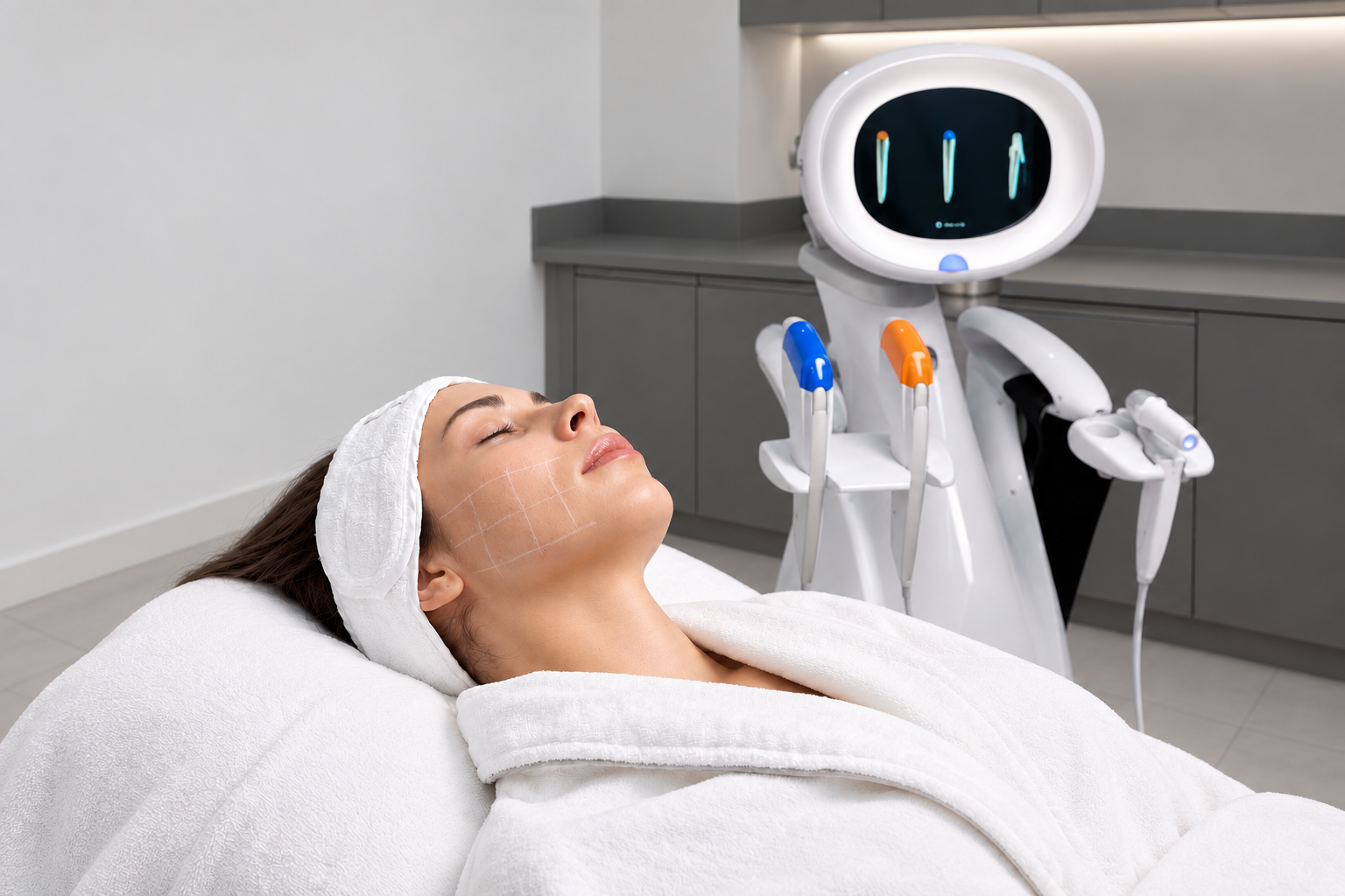 Patient reclining beside an Ultraformer MPT device with blue and orange handpieces